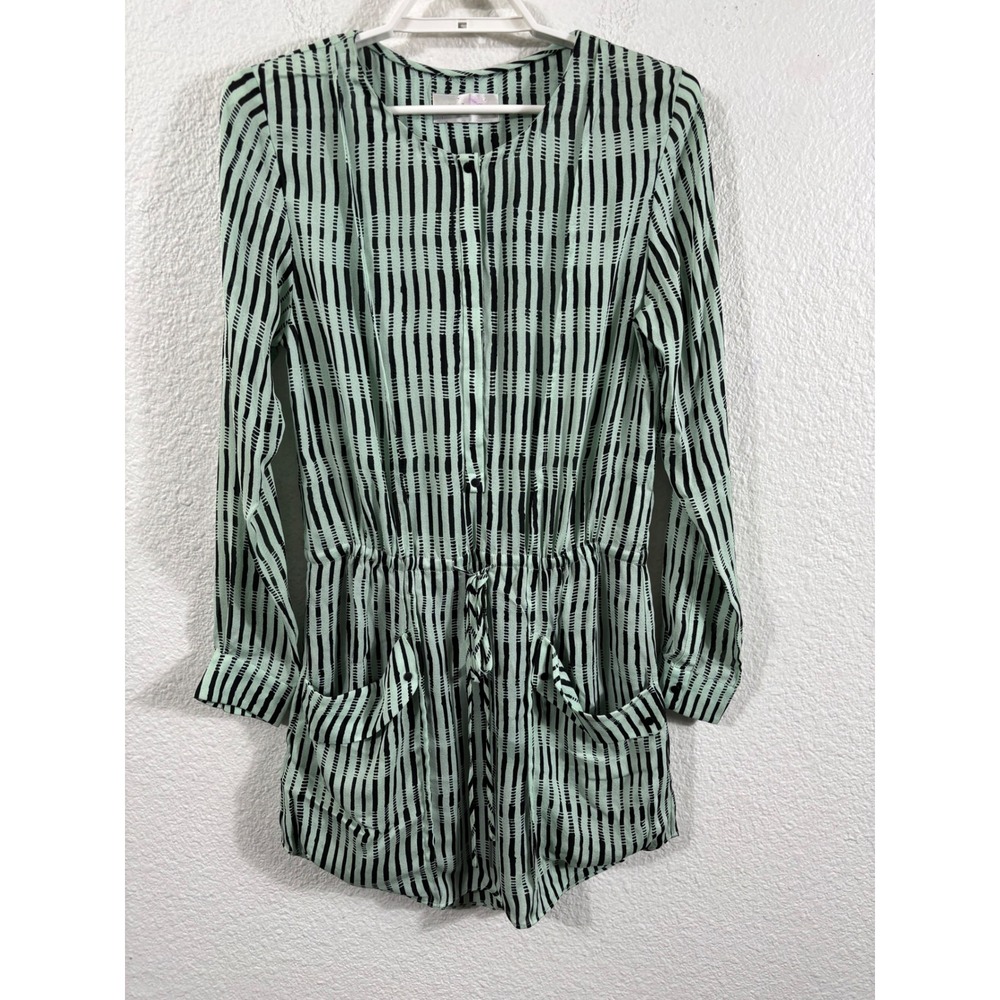 A.L.C. 100% Silk Mint Green Striped Mini Dress Long Sleeve XS‎ 6803PE